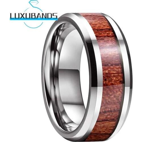 8/6MM Beveled Edges Wedding Bands For Men Women Rose Wood Inlay Tungsten Carbide Engagement Rings Polished Finished Comfort Fit