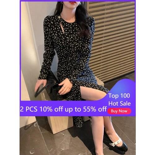 Autumn Women Clothing 2021 Black Dress Temperament Long Dress Elegant Black Dot Print Long Split Chiffon Dresses