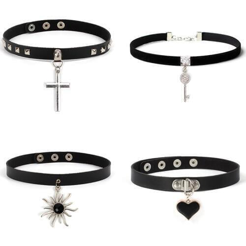 Spike Choker Gothic PU Leather Cross Sun Key Heart Necklace Women Collar Necklace Rock Punk Chocker Statement Jewelry