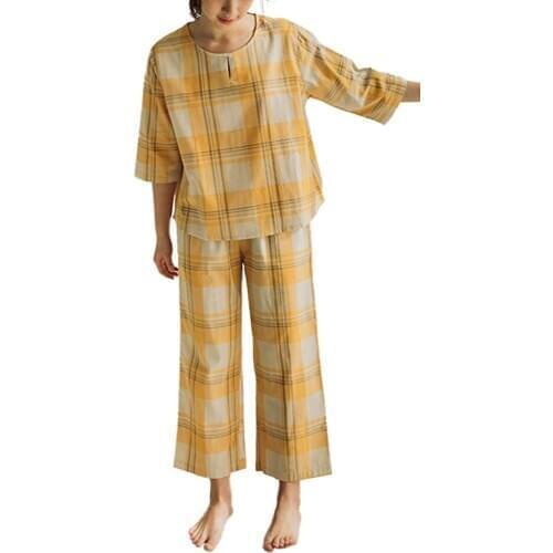 Shanghai Story Check Print 100% Cotton Pajamas Set for Women 3/4 Sleeve Shirt + Pants Ladies PJS
