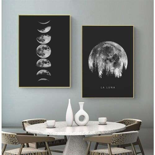 Minimalist Full Moon Posters Canvas Painting Black White Moon Phases Prints Solar System Wall Art Picture Living Room Home Decor