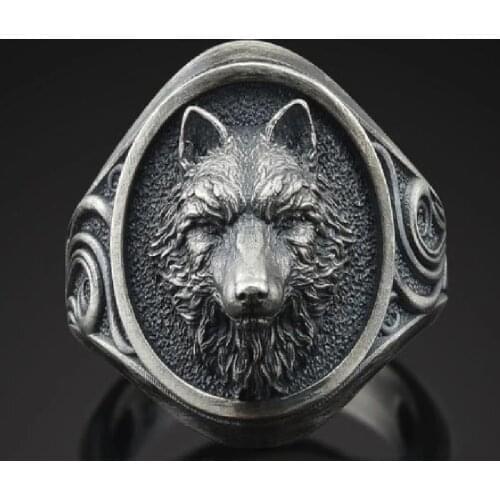 Punkboy Retro Ancient Silver Color Craved Embossed Wolf Head Animal Metal Male Ring for Men Party Jewelry Accessories Size 6-13