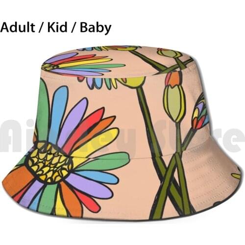 Rainbow Floral Sun Hat Foldable UV Protection Christyfarrell Rainbow Floralillustration Retro Love Mutedcolors Peace
