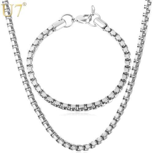 U7 Stainless Steel Jewelry Set For Women /Men Jewelry Fashion Never Fade 5MM Box Link Chain Bracelet Necklace Set Party S669