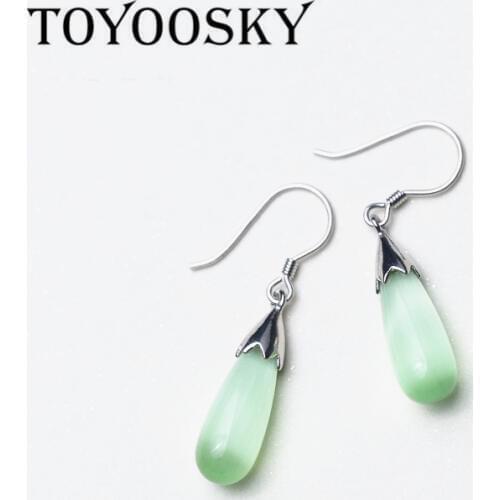 New Genuine 925 Sterling Silver Earrings with Green Water Drop Shape Crystal Earring For Women Gift