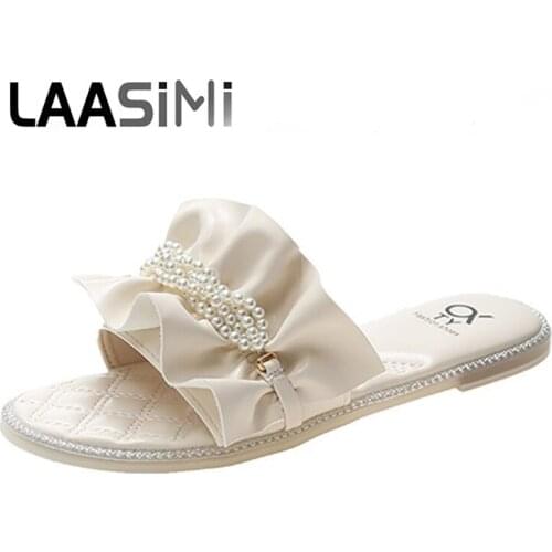LAASIMI Women Fashion Korean Style Slippers for Ladies String Bead Flat With Slides Summer Shoes Woman Sandalias Mujer 2021 New