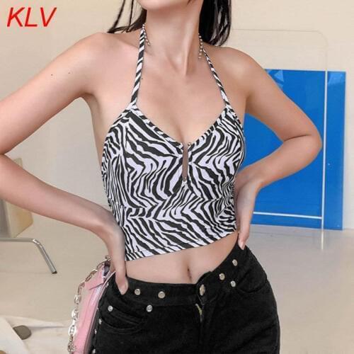 Women Sexy Halter Bandage Backless Top Hollow Out Front Bodycon Camisole Zebra Stripes Print Sling Vest Streetwear