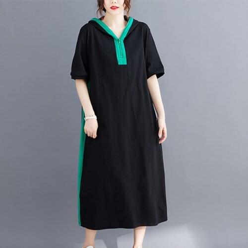 2021 New Arrival Korea Fashion Preppy Style Chic Summer Dress Zipper Hooded Patchwork Cotton Loose Women Casual Midi Dress