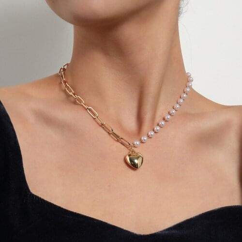 VSnow Korean Fashion Gold Color Love Heart Pearl Pendant Necklace for Women Vintage Asymmetric Chunky Chain Necklace Jewelry
