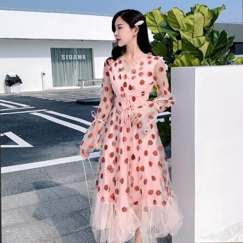 Strawberry Pink Spring Party Dress Women V-Neck Long Sleeve Sweet Mesh Dress Kawaii Long Midi Dress A-Line Zipper Korean C878