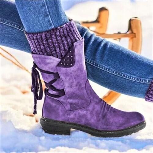 Winter Women Mid-Calf Boots 2020 Fashion Knitting Patchwork Suede Snow Boots Low Heels Zipper Warm Shoes Short Booties Female