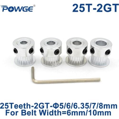 POWGE GT 25 Teeth 2GT Timing Pulley Bore 5/6/6.35/7/8mm for GT2 Open Synchronous belt width 6mm/10mm small backlash 25Teeth 25T