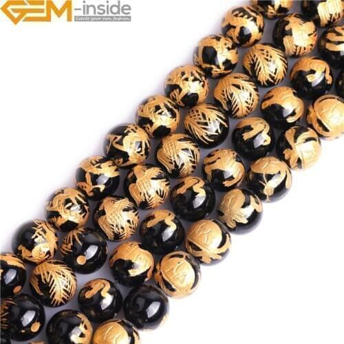 10-14mm Natural Black Agates Gold Carved Dragon Turtle Tiger Phoenix Mala Beads For Jewelry Making 15'' DIY Feng Shui