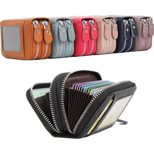 12PCS / LOT Mini Double Zipper RFID Card Holder Coin Purse Two-Layer Leather Anti-Scan Bag
