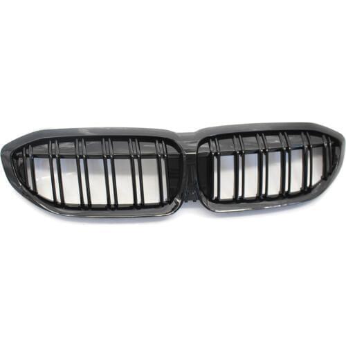 2Pcs Car Front Grille Dual Line Grill For BMW 3 Series G20 2019 Shiny Gloss Black ABS Plastic