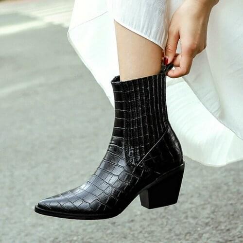 Black Wine Red Faux Leather Women Ankle Boots Fashion Pointed Toe Square High Heel Short Boots Stone Pattern Fall Winter Shoes