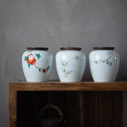 Wooden Lid Ceramic Tea Pot Celadon Pu'er White Tea Large Half Jin Sealed Tea Jar Vintage Storage Tea Jar