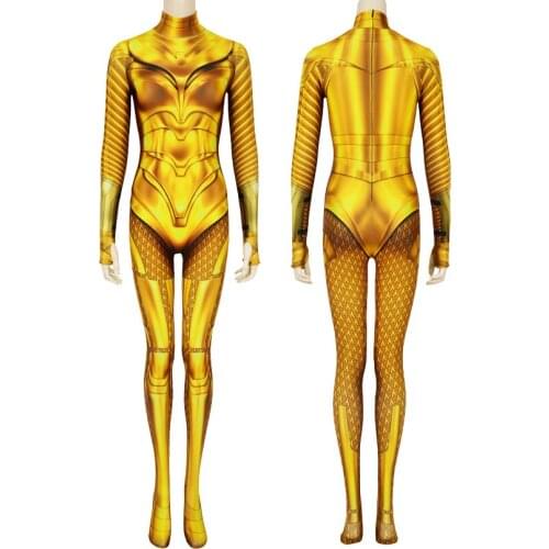 Adult Women Wonder Girl 1984 Diana Prince Golden Armor Jumpsuit Cosplay Costume Halloween Masquerade Printing Bodysuit