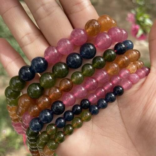 6/8/10mm Round Beads Tourmaline Jades Smooth Loose Natural Stone Beads For Necklace Bracelet DIY Woman Jewelry Making 15"