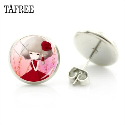 TAFREE Cute Q Style Cartoon Girl Picture Stud Earrings Round Glass Dome For Girl Women Gifts Jewelry Fashion Earrings C083