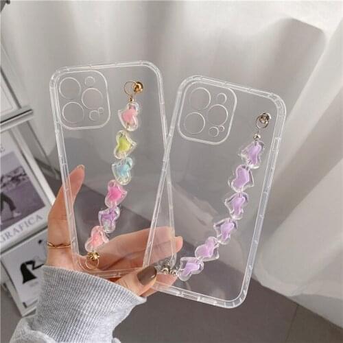 UIGO Cute Clear Love Heart Bracelet Case For iphone 12 11 Pro XS Max XR X 12 MiNi 7 8 Plus SE 2020 Wrist Chain Soft Back Covers