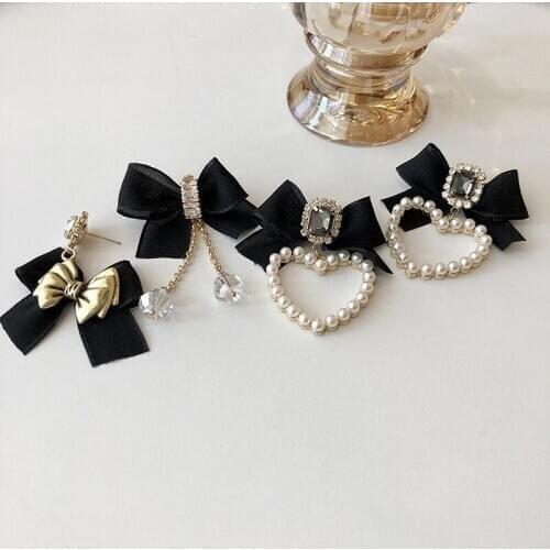 Minar Korean Asymmetric Bowknot Earrings for Women Female Shiny Rhinestone Black Color Velvet Tie Bow Dangle Earrings Brincos