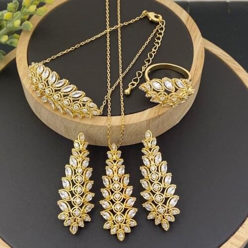 Lanyika Fashion Jewelry Set Luxury Flourish Leaf Zirconia Pave Necklace with Earrings, Bracelet and Ring for Woman Banquet Gifts