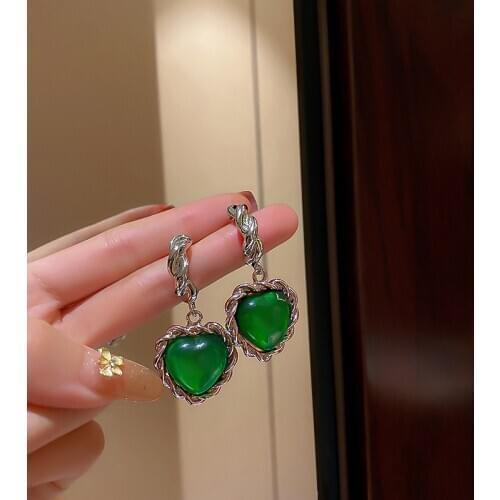 New Vintage Metal Geometric Baroque Twist Green Heart Shape Zircon Drop Earrings Punk For Women Girls Jewelry Gifts