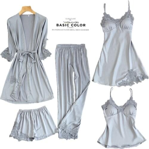 5PCS Pajamas Set Womens Satin Lace Sleepwear Spring Autumn Silk Wear Home Nightwear Kimono Sleep Robe Bath Gown with Chest Pads