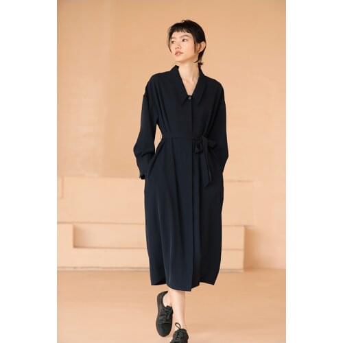 21 fall new French temperament large solid Lapel lace up waist dress 0813-1