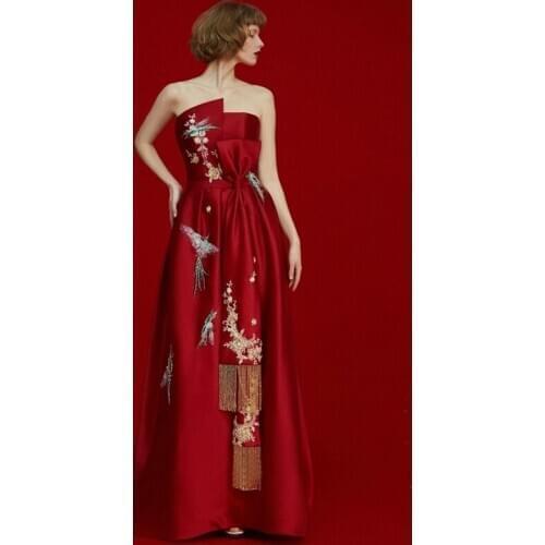 Chinese Wedding Dress Wine Red Applique Floral Sequin Robe Vintage Femme Oriental Dress Midi Elegant Chinese Dresses FF1713