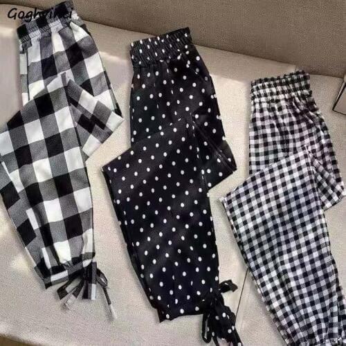 Casual Pants Women Elastic-waist Ankle-length Lace-up Plaid Vintage Loose 2XL Womens Fashion All-match Simple Students Chic New