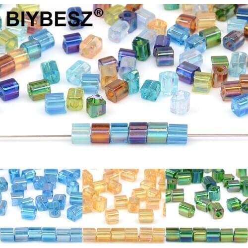 Transpent Rainbow Square Glass Beads Big Square Hole 2mm Beads for Necklace Bracelet Jewelry Making Loose Beads DIY