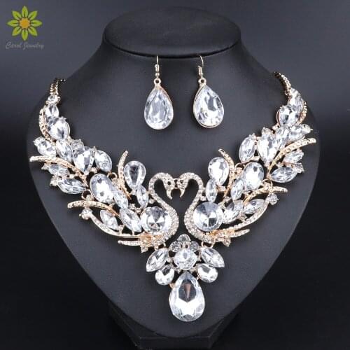 Clear Crystal Bridal Jewelry Sets Gold Color Swan Pendant Women Gift Party Wedding Prom Necklace Earring Accessories