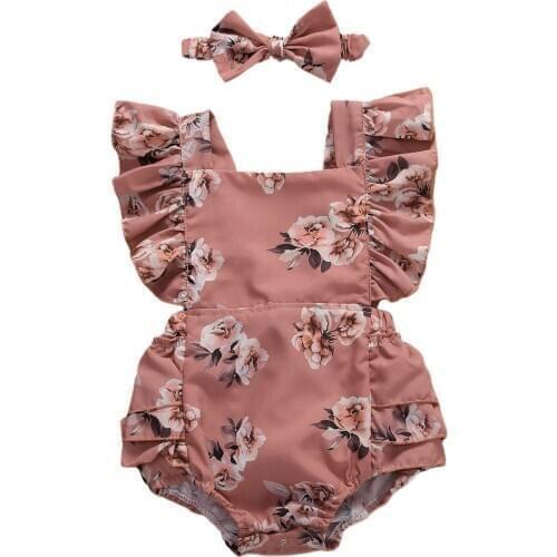 Pudcoco 2020 Newborn Baby Girl Flower Print Ruffle Sleeve Bodysuit Headband Infant Girls Casual Summer Outfits Sunsuit 0-24M