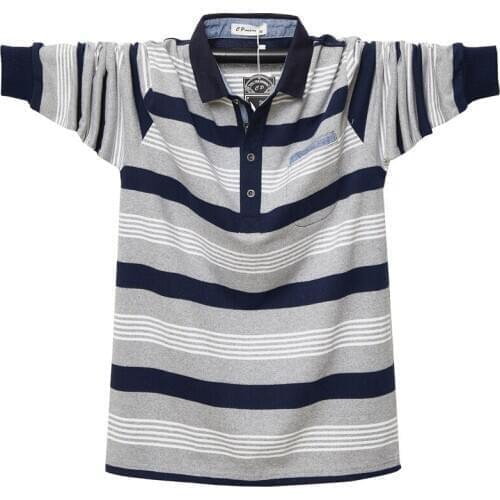 Plus size mens striped pocket polo shirt Fashion high-quality youth long-sleeved lapel cotton polo shirt 2020