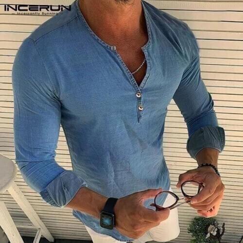 INCERUN Autumn Fashion Men Solid V Neck Long Sleeve Denim Shirt Casual Social Slim Fitness Streetwear Mens Jeans Blouse Pullover