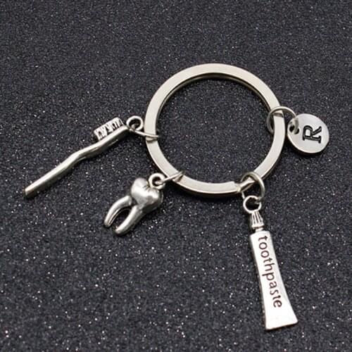 Dentist Key Ring Toothpaste Tooth Toothbrush Dental Hygienist Initial Key Chain