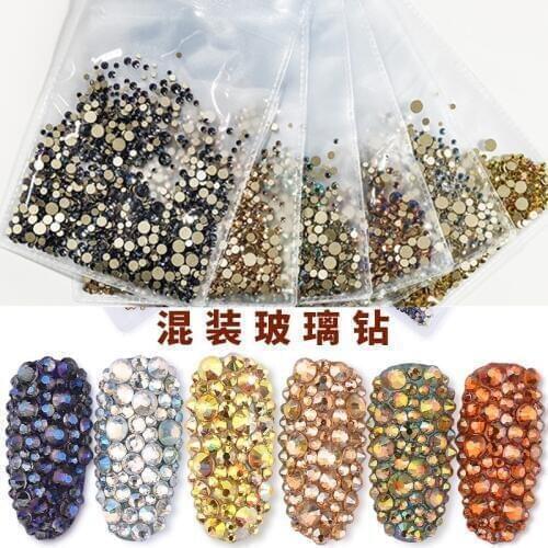 1440pcs Nail Rhinestone Flat-Bottomed Diamond Nail Ornament Celebrity Inspired Colorful Moonlight Gold Size Assortment Diamond