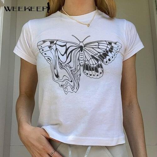 Weekeep Casual Butterfly Print White T-Shirt Women O Neck Pullover Short Sleeve Crop Top Summer Harajuku Basic Korean Streetwear