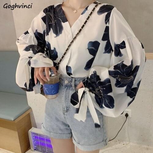 Shirts Women Puff Sleeve Drop-shoulder Bow Harajuku Ins Printed Loose V-neck Korean Style Fashion Lady New Autumn Female Tops