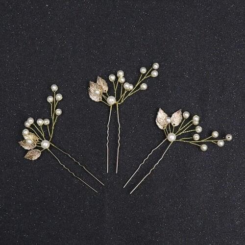 3PCS Gold Color Leaf Pearl Women Head Pins Wedding Hair Jewelry Accessories Bridal Handmade Plant Beads Ornament