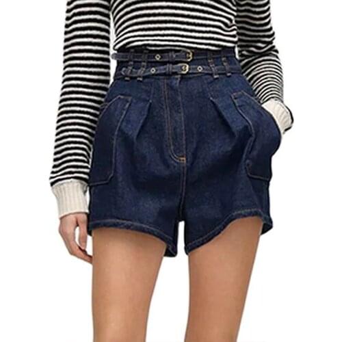 Personalized double belt design short jeans women 2021 summer new high waist loose shorts fashion pocket patchwork shorts