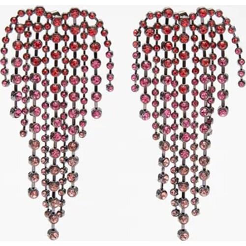 ZA Earrings Statement Ladies Fashion Black Metal Red Rhinestone Long Chain Tassel Drop Earrings For Women Party Jewelry Gifts