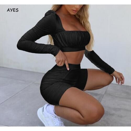 Retro Square Collar Lady Two Piece Shorts Sets Women Casual Sets Suit Solid Long Sleeve Crop Top Biker Shorts Leisure Tracksuits