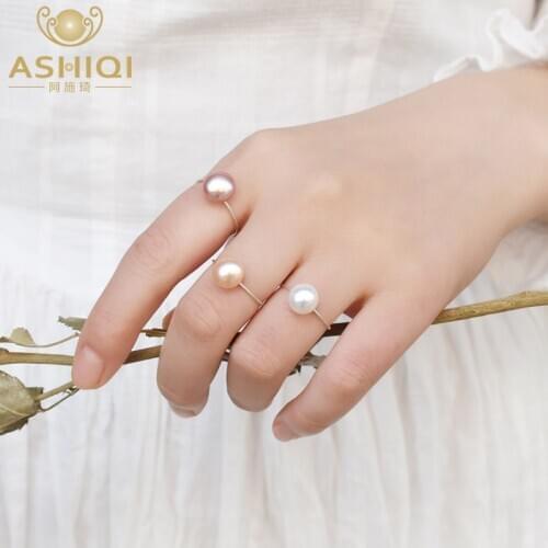 ASHIQI Real Natural Freshwater Pearl Ring 925 Sterling Silver Jewelry Ladies Fashion