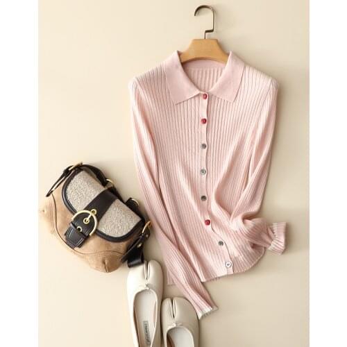 2021 europe star fashion 100% cashmere strawberry buttons cardigan sweaters women ribbed knitted long sleeve outerwear chic top