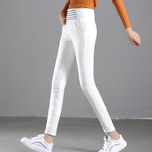 Winter womens down pants 2019 outdoor High waist thick White duck down pants womens Solid color slim Pencil pants warm trousers