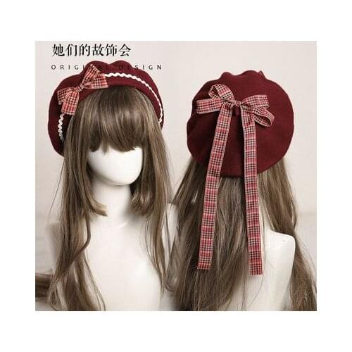 Lolita Berets Wool Blend Hat Women Girls Bowknot Sailor Style Preppy Chic College Students Cap