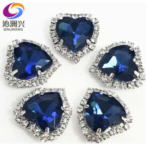 Free shipping Silver bottom Ink blue top grade Crystal glass buckle,heart shape sew on rhinestones Diy/jewelry accessories